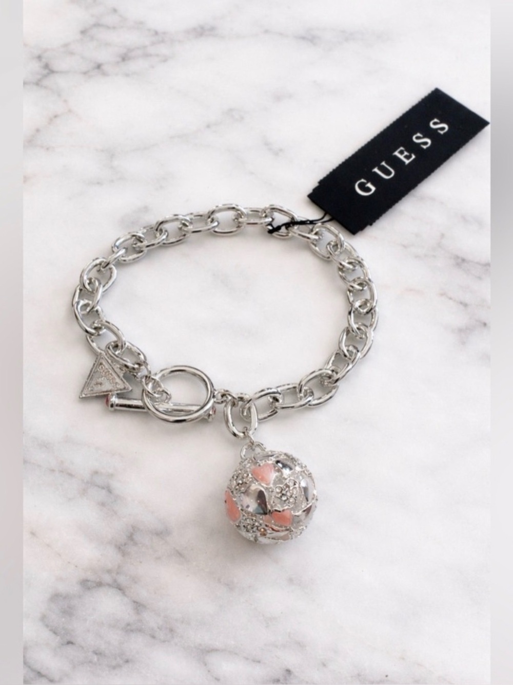 Guess Silver Gotta Have a Ball Pink Heart Charm Bracelet pink accents